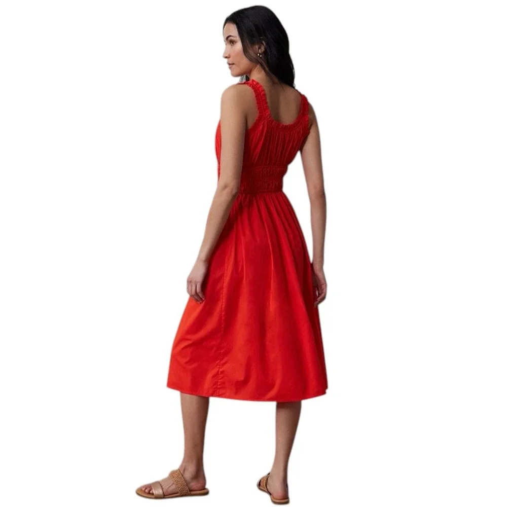 LC Lauren Conrad Shirred Tank Midi Dress Red Smocked Waist Ruffle Women's Size S - Picture 2 of 8